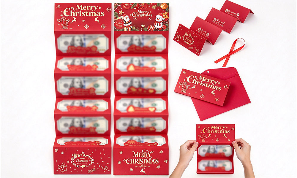 2 PCS DIY 6 Slot Gold Stamped Christmas Cash Gift Boxes