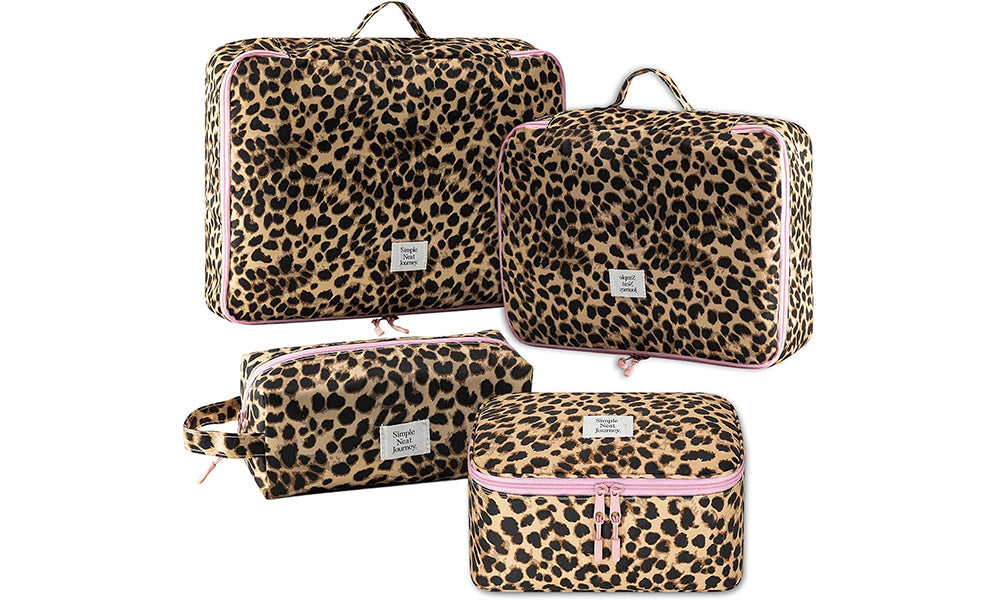 4 Piece Leopard Print Travel Packing Bag Set with Toiletry and Handbag