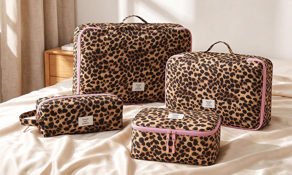4 Piece Leopard Print Travel Packing Bag Set with Toiletry and Handbag
