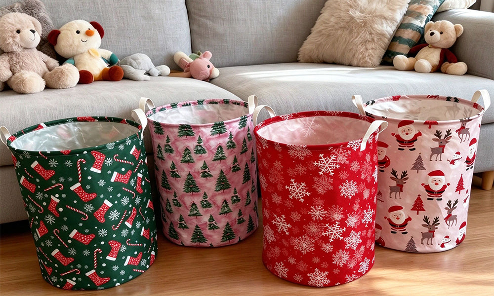 Foldable Christmas Oxford Fabric Storage Basket with Handles and Coated Lining
