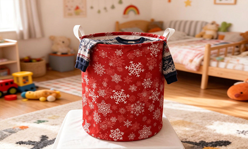 Foldable Christmas Oxford Fabric Storage Basket with Handles and Coated Lining