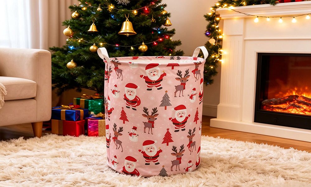Foldable Christmas Oxford Fabric Storage Basket with Handles and Coated Lining