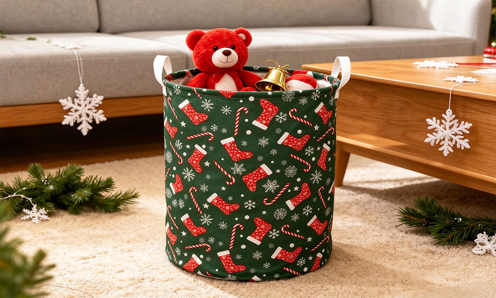 Foldable Christmas Oxford Fabric Storage Basket with Handles and Coated Lining
