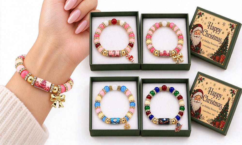 Christmas Bracelet with Gift Box and Zinc Alloy Glass Beads