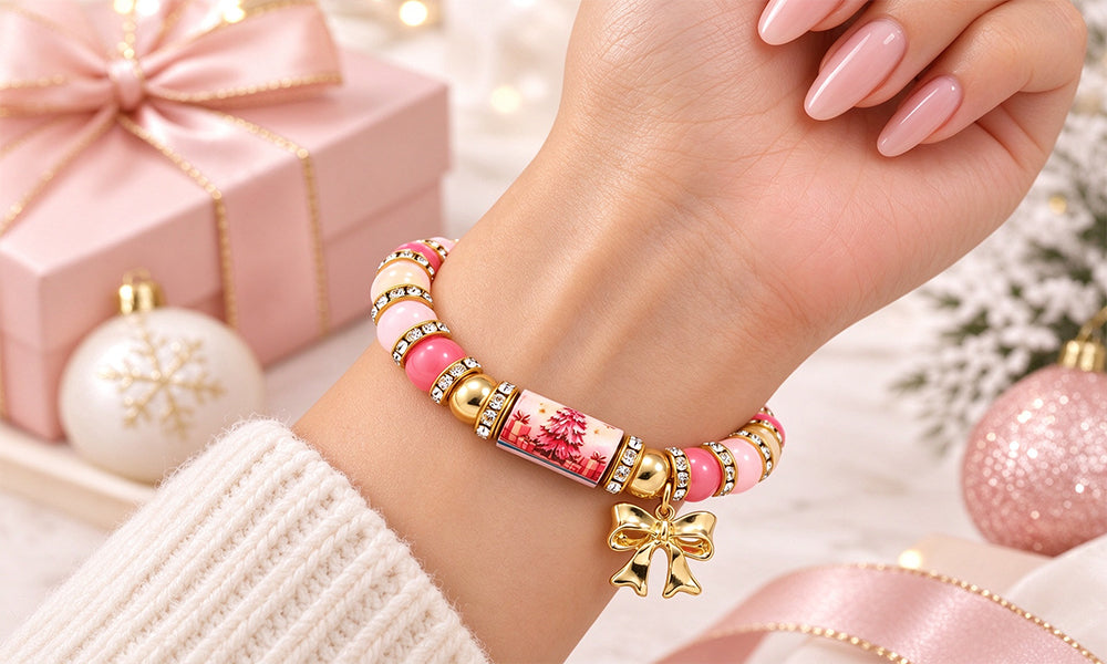 Christmas Bracelet with Gift Box and Zinc Alloy Glass Beads