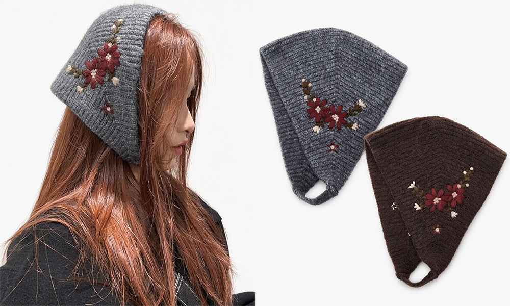 2PCS Vintage Floral Embroidered Knit Beanie Head Wraps for Women