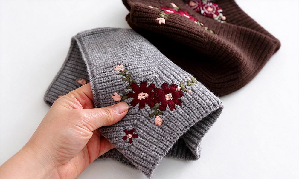 2PCS Vintage Floral Embroidered Knit Beanie Head Wraps for Women
