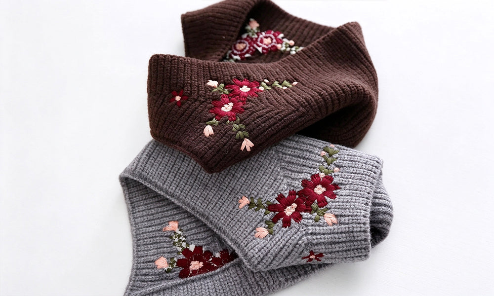 2PCS Vintage Floral Embroidered Knit Beanie Head Wraps for Women