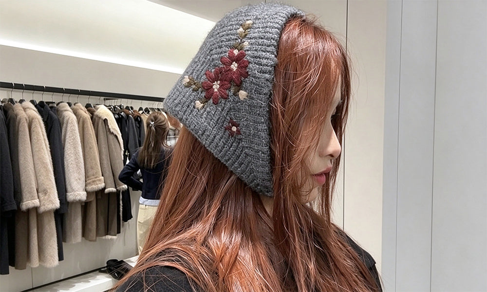 2PCS Vintage Floral Embroidered Knit Beanie Head Wraps for Women