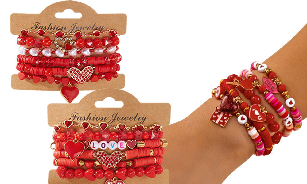 Valentines Day Heart Bracelet Set for Women Six-Piece Layering Jewelry