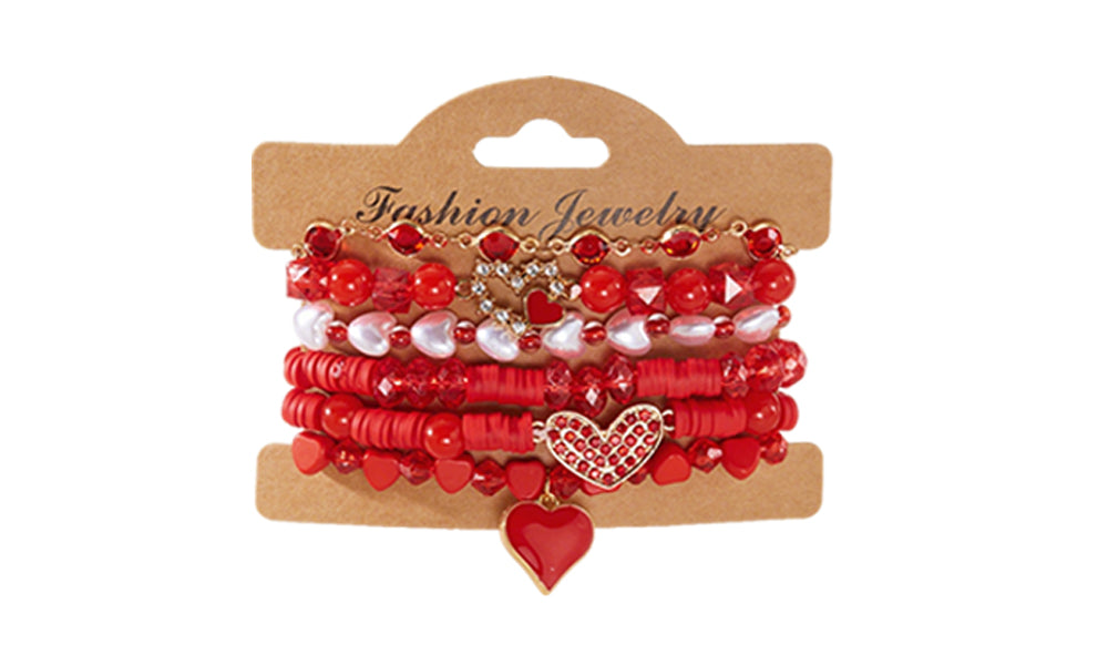 Valentines Day Heart Bracelet Set for Women Six-Piece Layering Jewelry