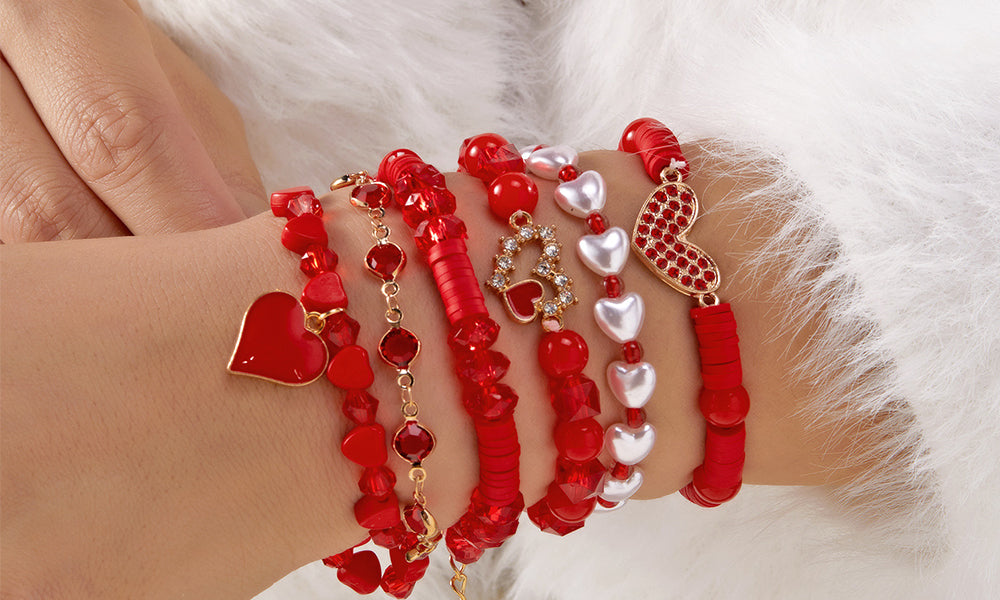 Valentines Day Heart Bracelet Set for Women Six-Piece Layering Jewelry