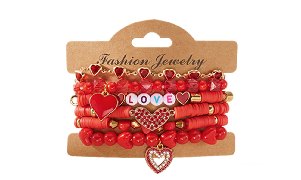 Valentines Day Heart Bracelet Set for Women Six-Piece Layering Jewelry