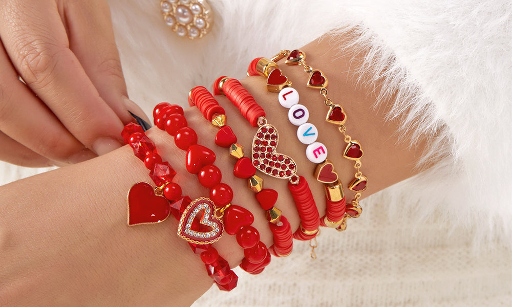 Valentines Day Heart Bracelet Set for Women Six-Piece Layering Jewelry