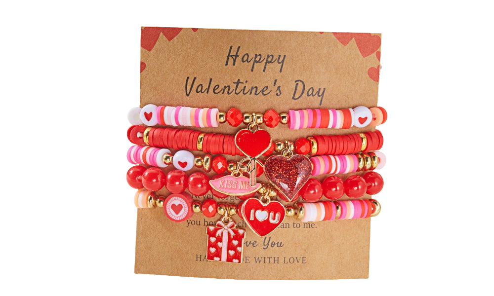 Valentines Day Heart Bracelet Set for Women Six-Piece Layering Jewelry