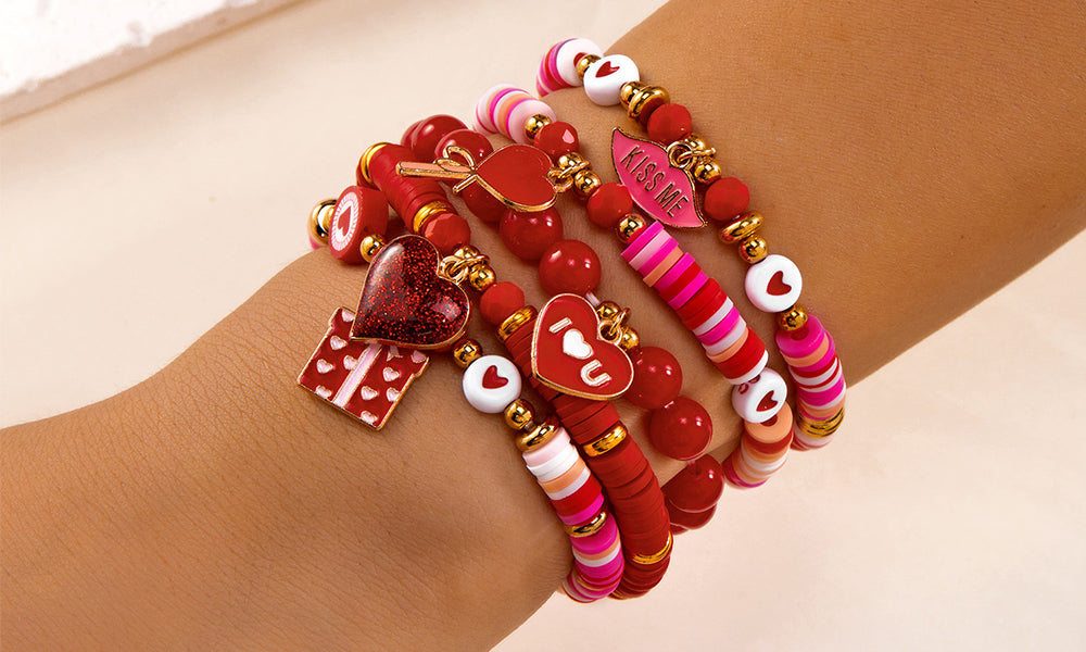 Valentines Day Heart Bracelet Set for Women Six-Piece Layering Jewelry