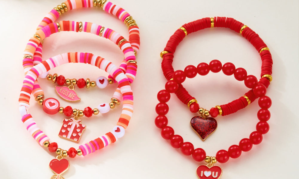 Valentines Day Heart Bracelet Set for Women Six-Piece Layering Jewelry