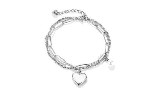 Double Layer Heart Charm Pearl Bracelet for Women Titanium Steel Jewelry