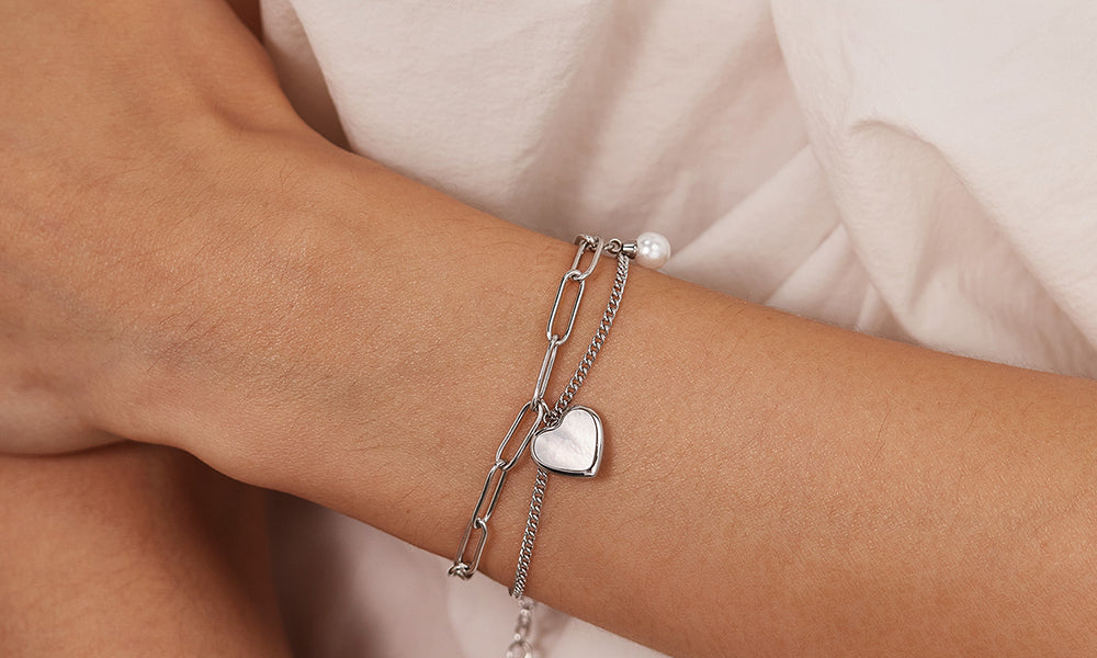 Double Layer Heart Charm Pearl Bracelet for Women Titanium Steel Jewelry