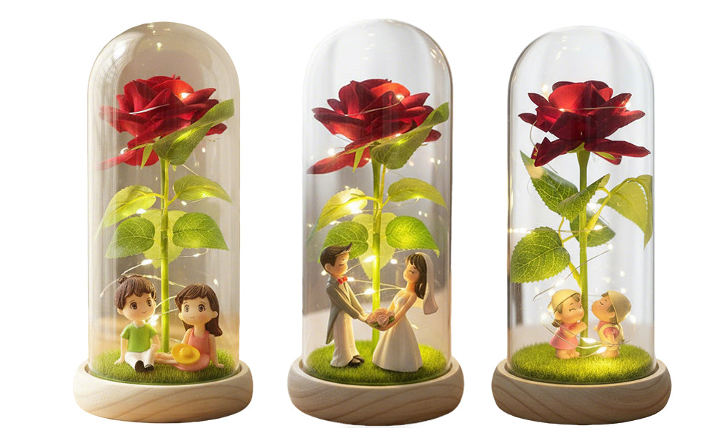 Preserved Rose Bouquet with Acrylic Dome and LED Lights Valentines Day Gift