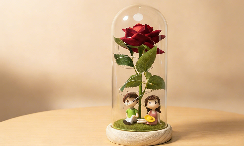 Preserved Rose Bouquet with Acrylic Dome and LED Lights Valentines Day Gift