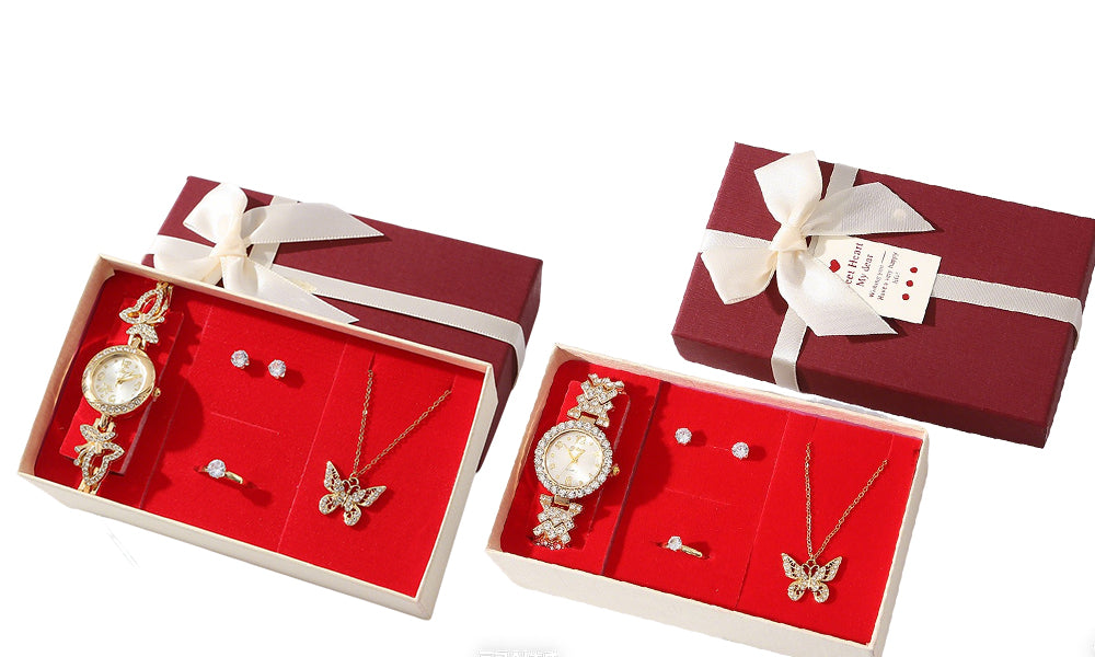 Gold Tone Watch and Jewelry Set with Necklace Earrings Ring Gift Box for Women