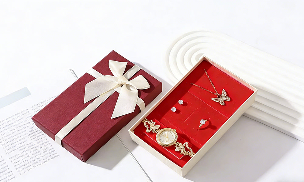 Gold Tone Watch and Jewelry Set with Necklace Earrings Ring Gift Box for Women