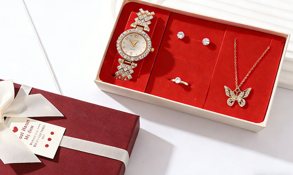 Gold Tone Watch and Jewelry Set with Necklace Earrings Ring Gift Box for Women