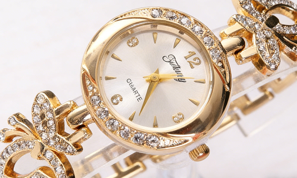 Gold Tone Watch and Jewelry Set with Necklace Earrings Ring Gift Box for Women