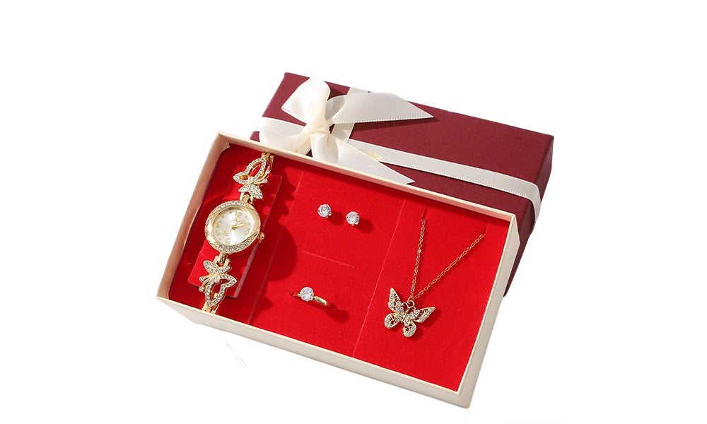 Gold Tone Watch and Jewelry Set with Necklace Earrings Ring Gift Box for Women