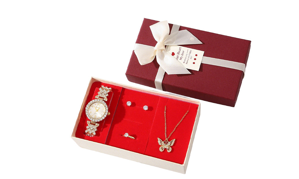 Gold Tone Watch and Jewelry Set with Necklace Earrings Ring Gift Box for Women
