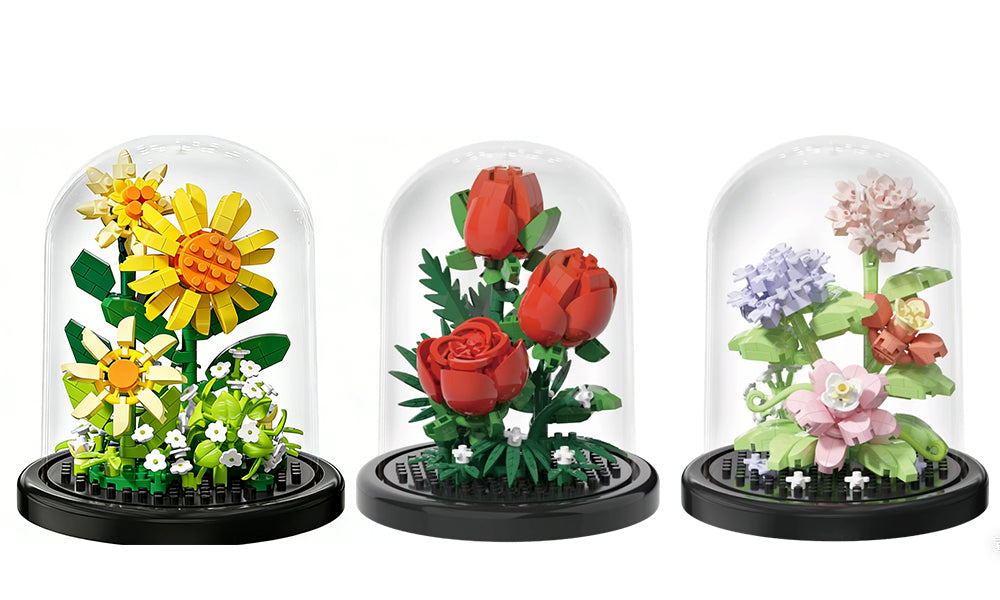 Building Block Flower Set with Dust Cover Creative DIY Bonsai for Home Decoration