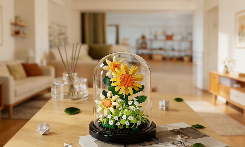 Building Block Flower Set with Dust Cover Creative DIY Bonsai for Home Decoration