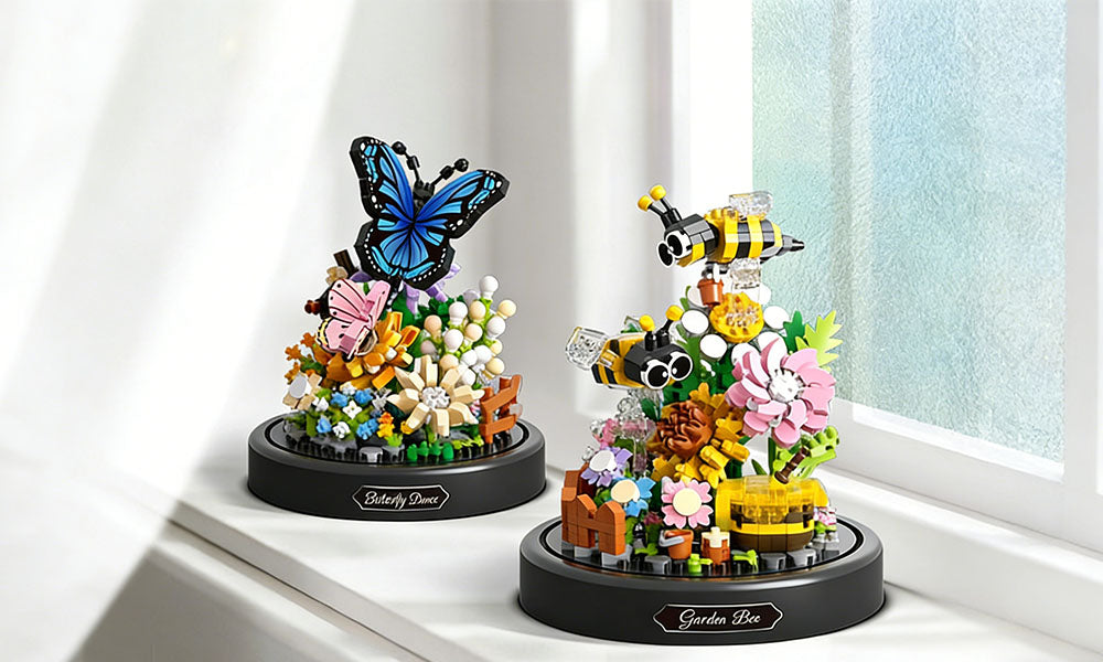 1 Set Building Block Flower Sculpture DIY Assembly Kit with Display Cover
