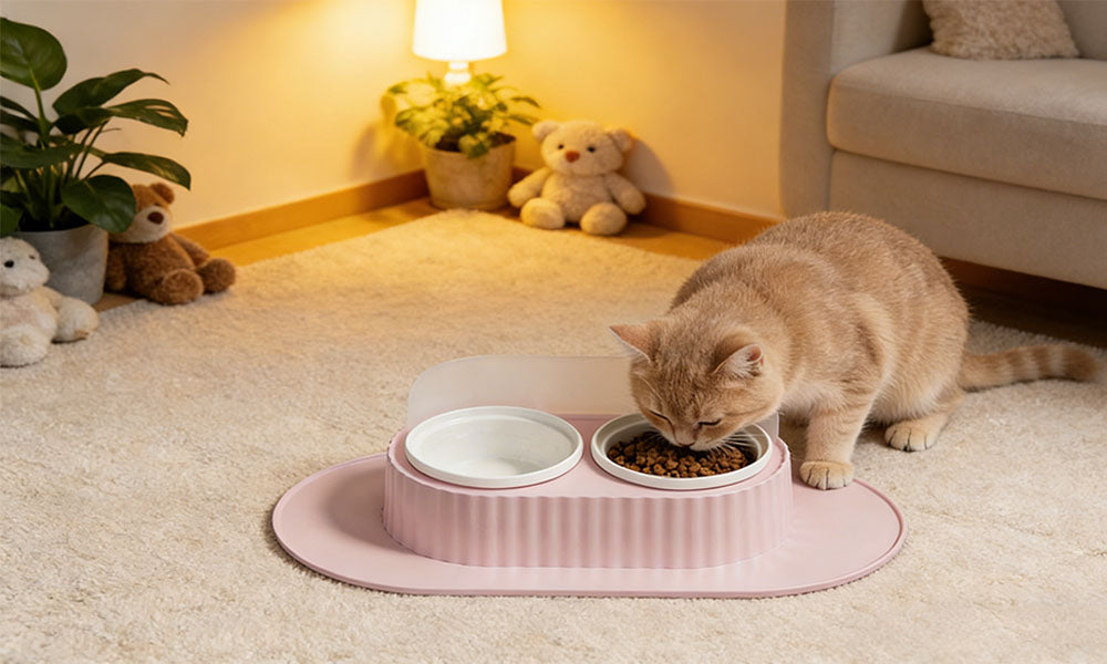 Ceramic Double Bowl Pet Feeding Set with Elevated Stand and Non-Slip Mat