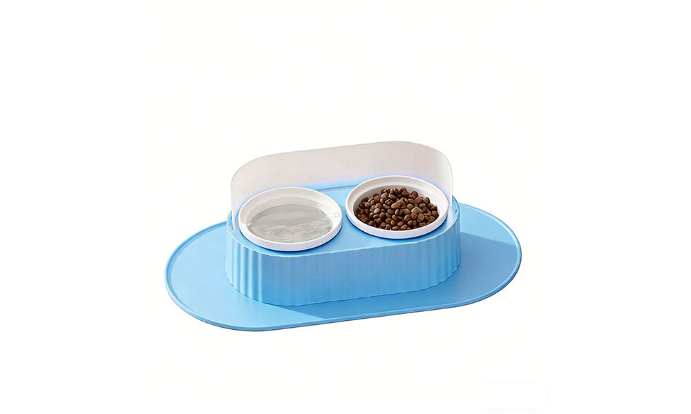 Ceramic Double Bowl Pet Feeding Set with Elevated Stand and Non-Slip Mat