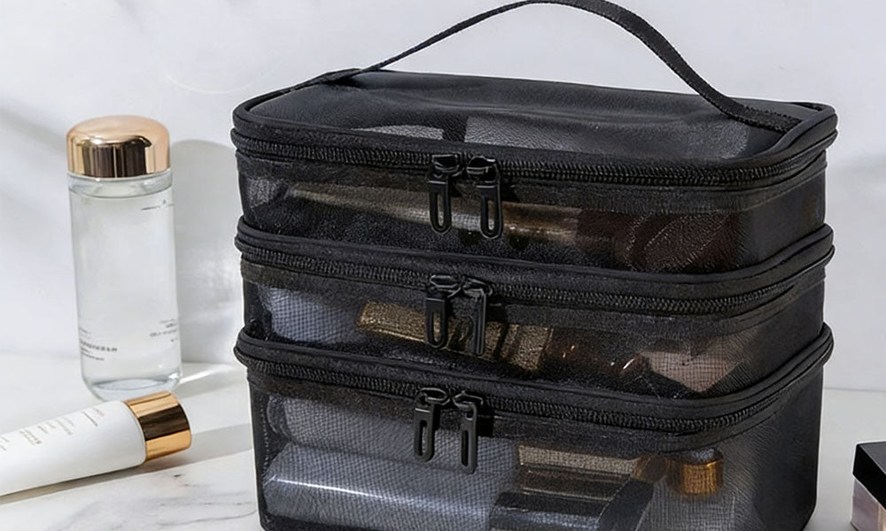 Large Capacity Mesh Cosmetic Bag with Handle for Travel and Daily Use
