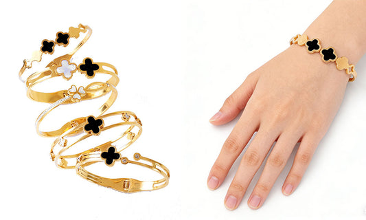 5Pcs Set Clover Bracelets Gold Tone Bangles Jewelry Gift