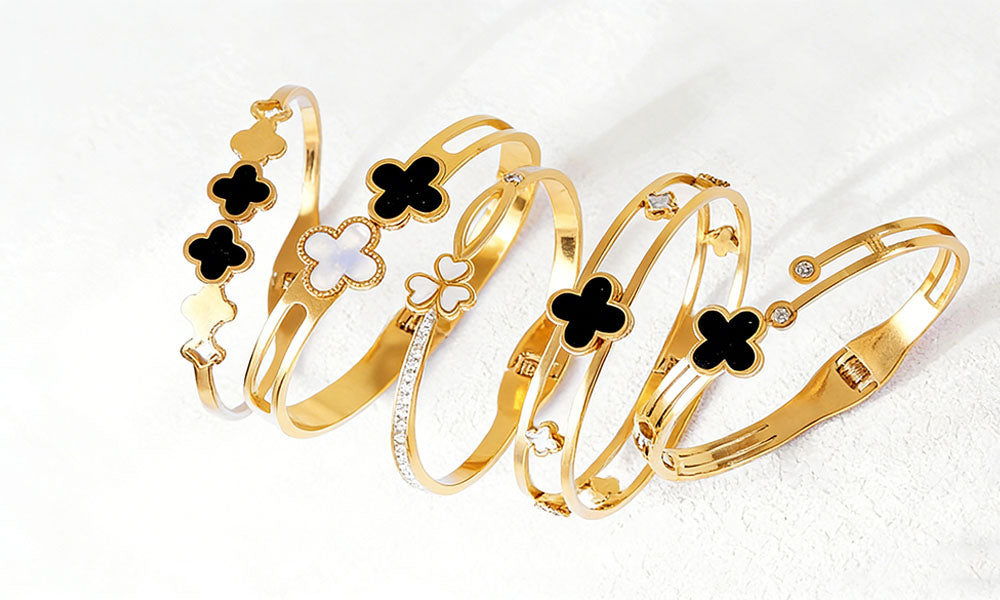 5Pcs Set Clover Bracelets Gold Tone Bangles Jewelry Gift