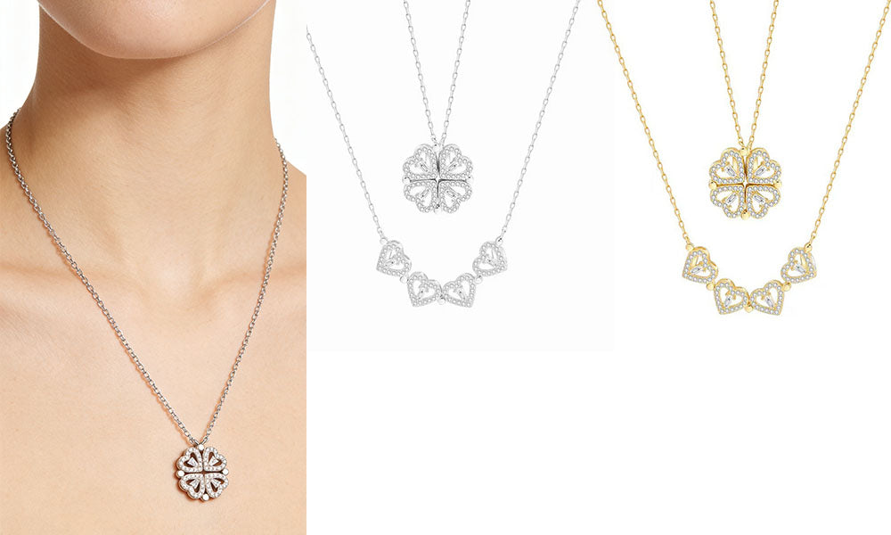 2-in-1 Clover Heart Pendant Necklace Magnetic Folding Heart Jewellery