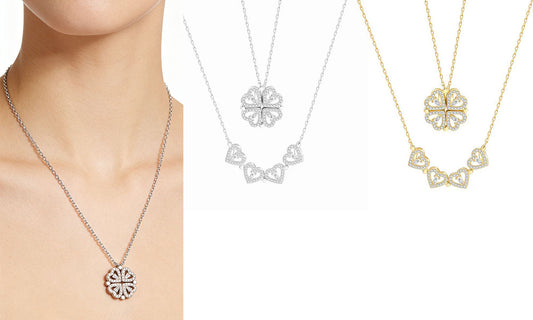 2-in-1 Clover Heart Pendant Necklace Magnetic Folding Heart Jewellery