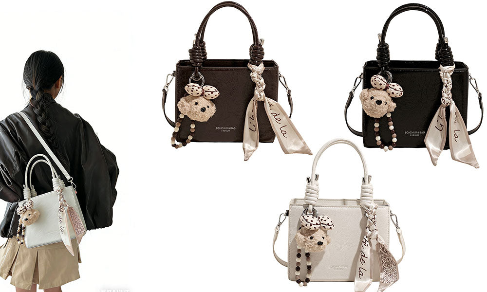 Women Fashion Handbag with Scarf and Bear Charm Crossbody Shoulder Bag