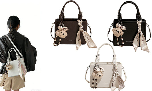 Women Fashion Handbag with Scarf and Bear Charm Crossbody Shoulder Bag