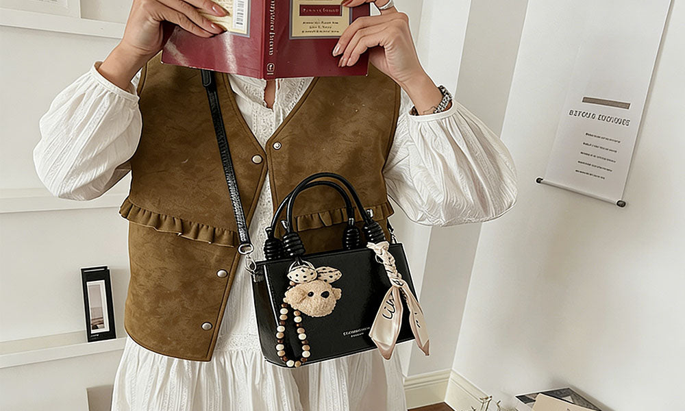 Women Fashion Handbag with Scarf and Bear Charm Crossbody Shoulder Bag