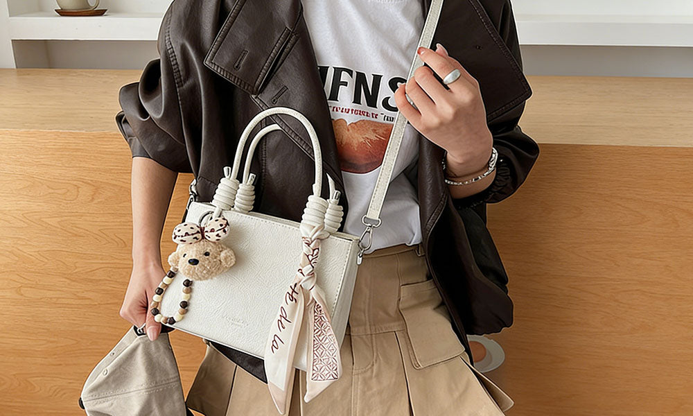 Women Fashion Handbag with Scarf and Bear Charm Crossbody Shoulder Bag