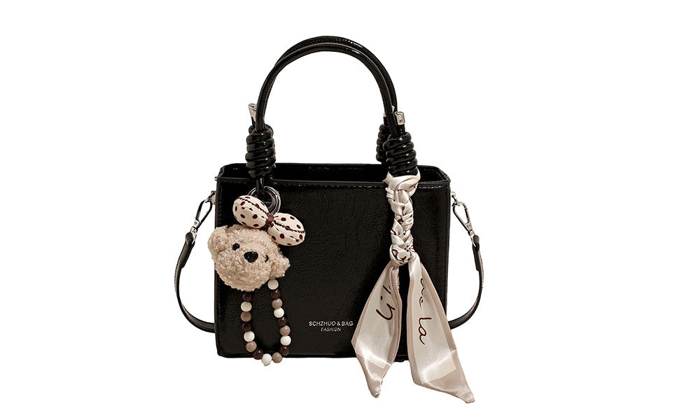 Women Fashion Handbag with Scarf and Bear Charm Crossbody Shoulder Bag