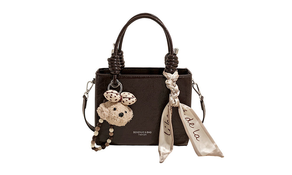 Women Fashion Handbag with Scarf and Bear Charm Crossbody Shoulder Bag