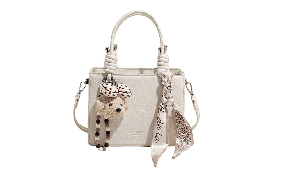 Women Fashion Handbag with Scarf and Bear Charm Crossbody Shoulder Bag