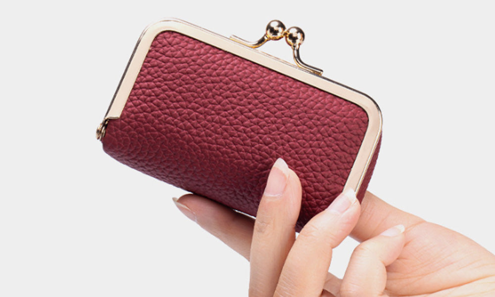 Genuine Leather Lipstick Pouch with Mirror Kiss Lock and Compartments