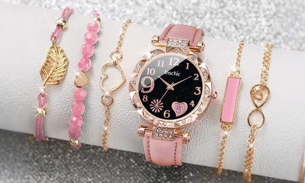 Women Quartz Watch and Beaded Bracelet Set Fashion Wristwatch Jewelry Gift Set